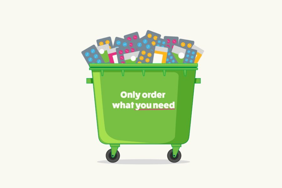 Illustration of a green bin filled with blister packs of tablets with the message “Only order what you need”, highlighting the issue of medicines waste in Essex and encouraging people to only request medicines they require.
