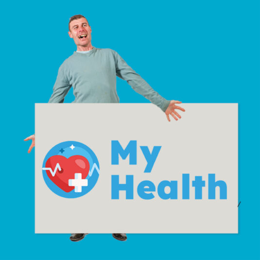 Man with sign saying My Health