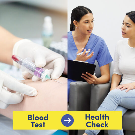 two pictures side by side depicting a blood test and health check