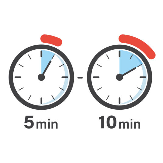 5 min and 10 min depicted by two stopwatches