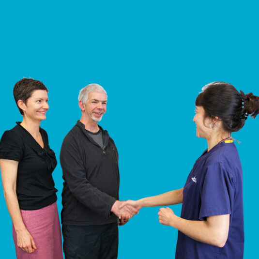 female health care worker shaking hands with male patient who is accompanied by a female