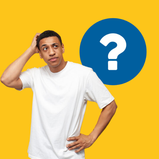 Person looking confused beside a question mark icon