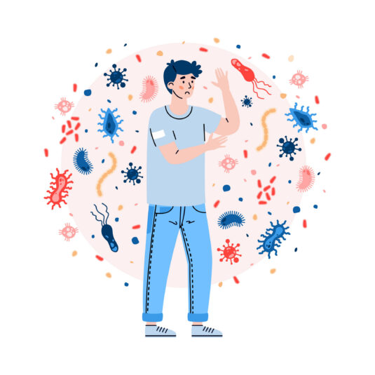 Illustration of a person surrounded by germs and bacteria