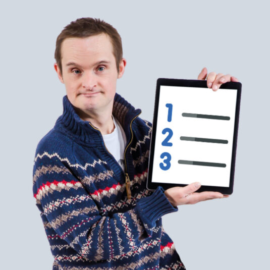 Man holding numbered checklist or list on board