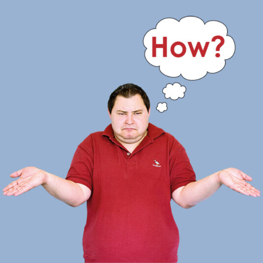 Man gesturing. A speech bubble with the words 