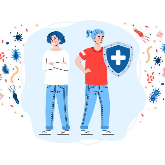 illustration showing two people standing among cartoon-like germs and microbes.