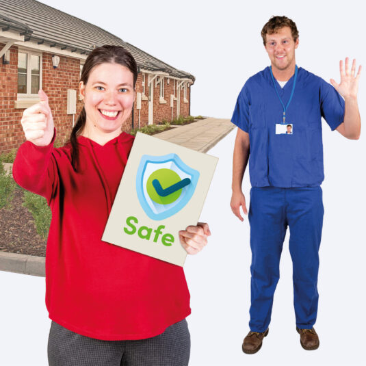 A smiling woman gives a thumbs-up while holding a “Safe” sign with a shield icon. A healthcare worker in blue scrubs waves beside a care-home style building, suggesting safety and healthcare support.