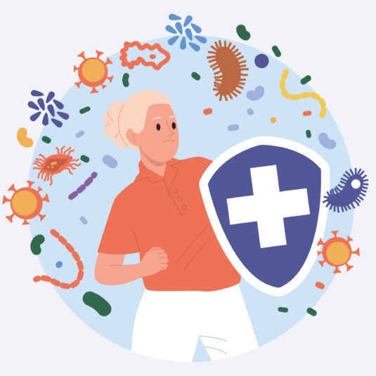 illustration showing a person standing confidently among cartoon-like germs and microbes.