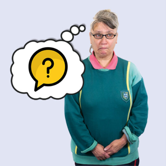 woman stands beside a thought bubble with a question mark, suggesting confusion, concern, or uncertainty.