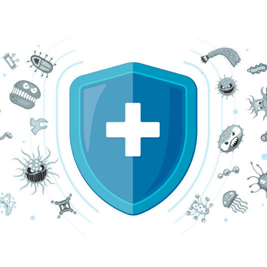 A medical shield with a white cross blocks surrounding germs and bacteria, representing protection against illness or infection.