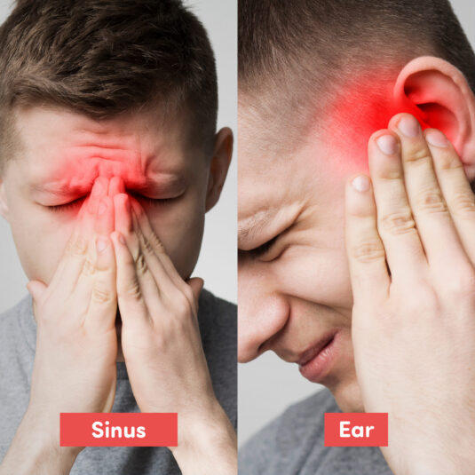 Illustration of sinus and ear infections causing pain and inflammation.
