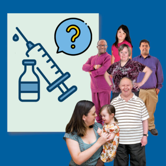 Group of people beside a vaccine and question mark icon, representing questions or decisions about vaccination.