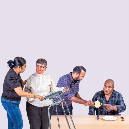 Caregivers supporting elderly and disabled people with mobility and daily living activities.