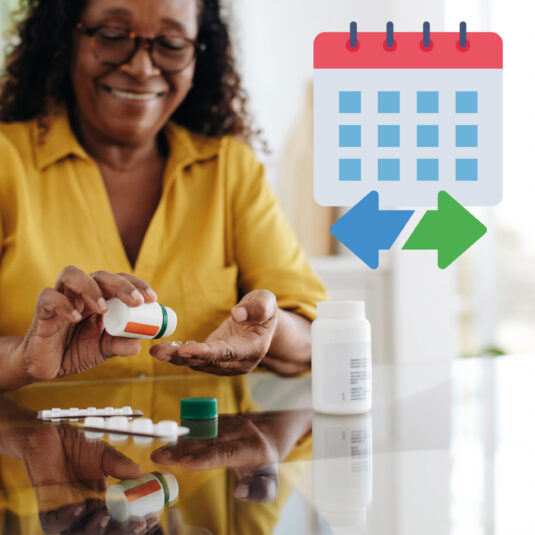 Woman taking medication beside a calendar icon, representing a treatment or medication schedule.