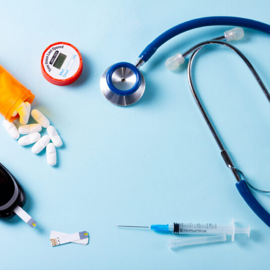 Medical equipment and medication used for diabetes care and monitoring.