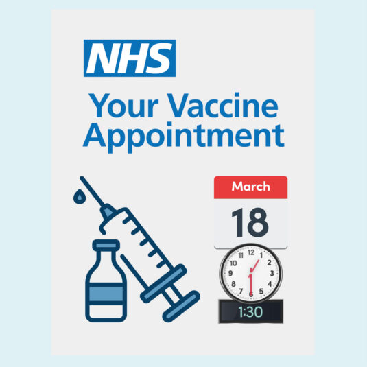 NHS vaccine appointment reminder with date and time details.