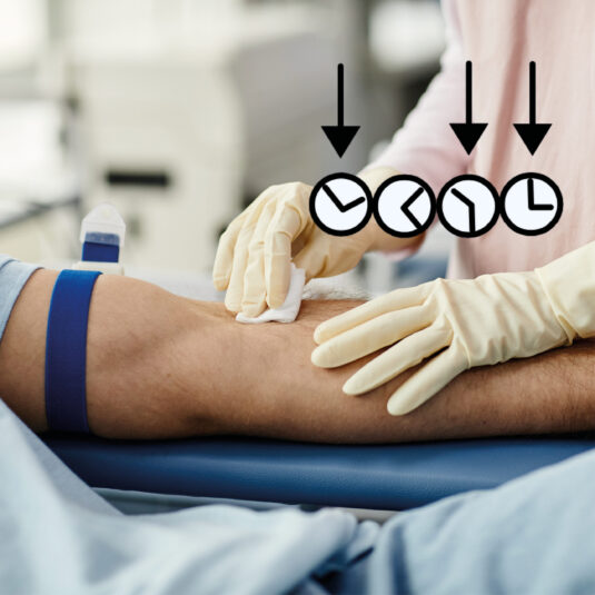Gloved hand cleaning patient's arm with illustrated clock icons above