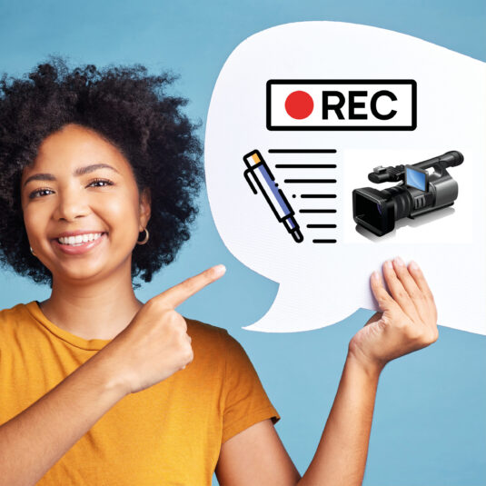 Person pointing to recording and writing icons, representing storytelling or video testimony.