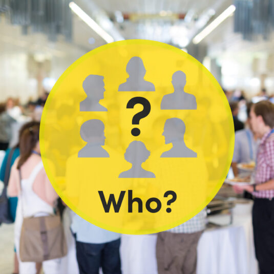 Group of people with “Who?” text and silhouettes, representing identifying stakeholders or audiences.