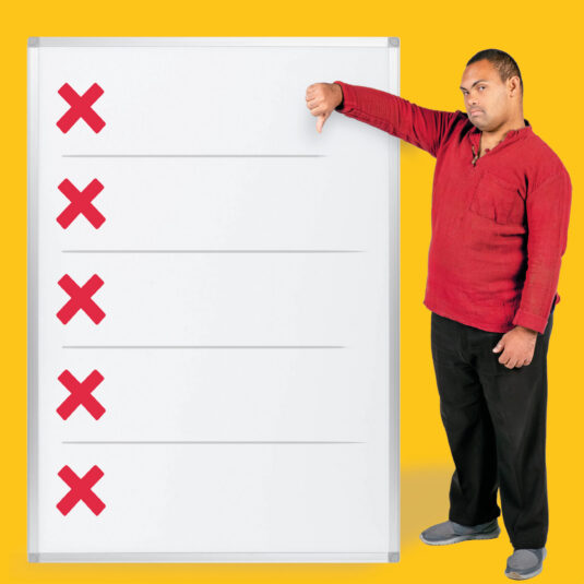Person giving a thumbs-down beside a checklist with red crosses, representing negative feedback or rejected options.