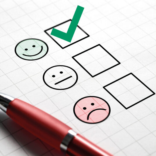 Survey form with positive, neutral, and negative feedback options, showing a positive response selected.