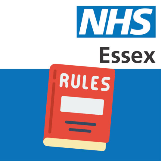 NHS Essex graphic with a rules booklet icon, representing guidelines or policies.