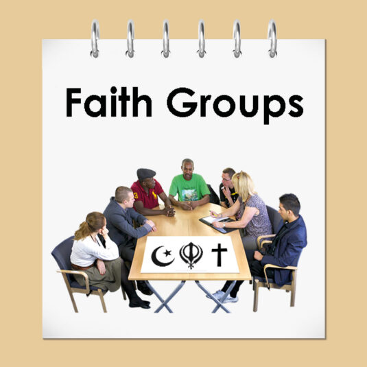 A poster titled “Faith Groups” showing a diverse group of people meeting around a table with Islamic, Sikh, and Christian symbols