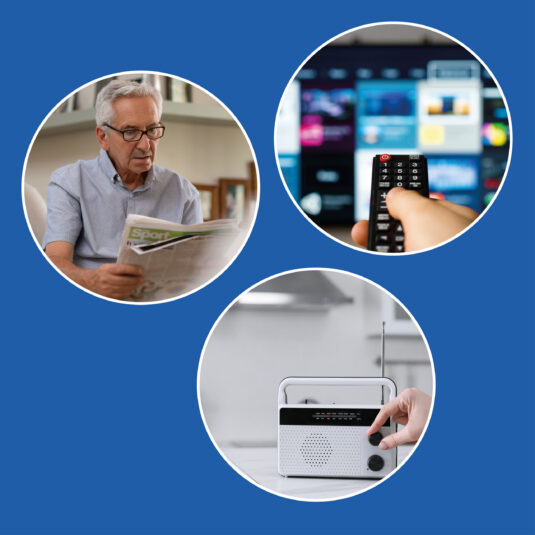 Images showing an older man reading a newspaper, a hand using a TV remote, and a person adjusting a radio.