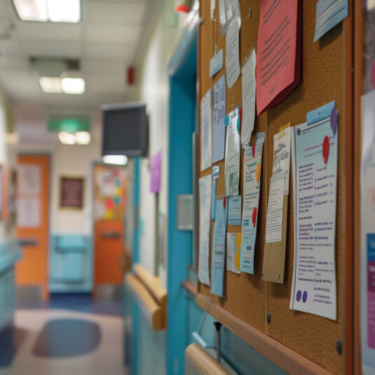 A noticeboard in a hallway covered with posters, leaflets, and information notices.