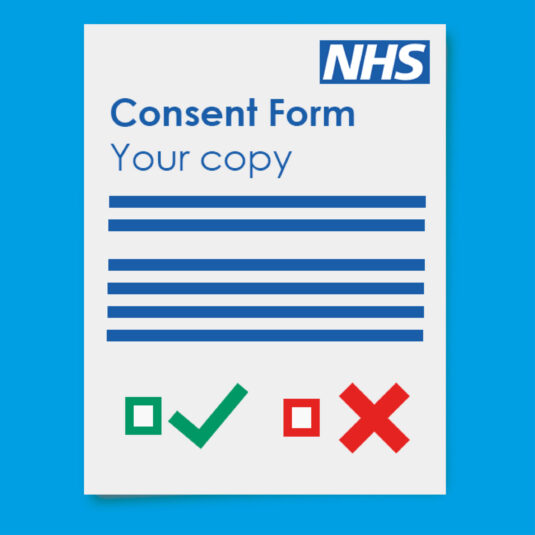An NHS consent form with tick and cross symbols, representing giving or refusing consent.