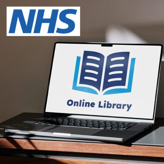 A laptop displaying an NHS online library webpage with the NHS logo and an open book icon.