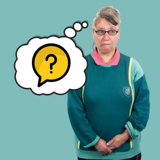 A worried woman beside a question mark speech bubble, representing confusion or uncertainty.