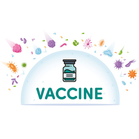 Illustration of a vaccine vial protecting against germs, bacteria, and viruses.