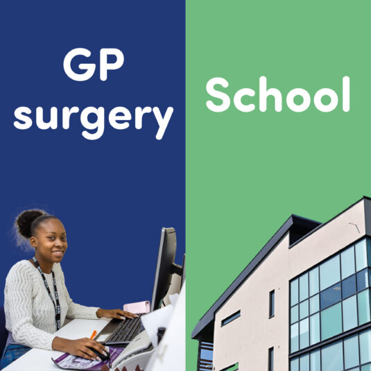 Graphic showing vaccine availability at GP surgeries and schools.