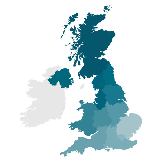 Map of the United Kingdom with regions highlighted in different shades of blue.