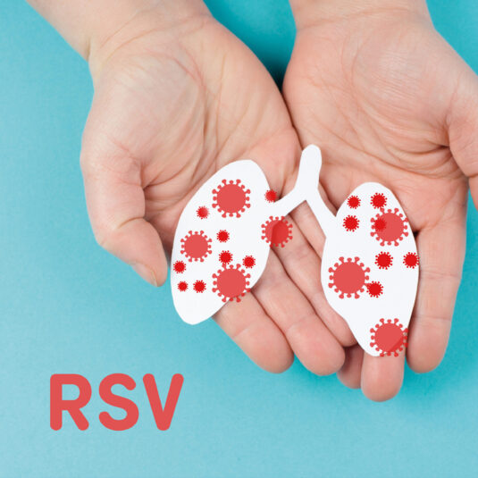Hands holding a paper illustration of lungs with virus symbols, representing RSV infection.