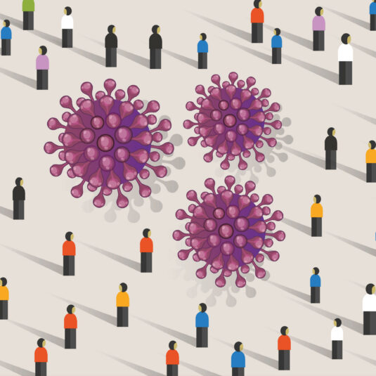 Illustration of virus particles spreading among groups of people, representing transmission of infection.