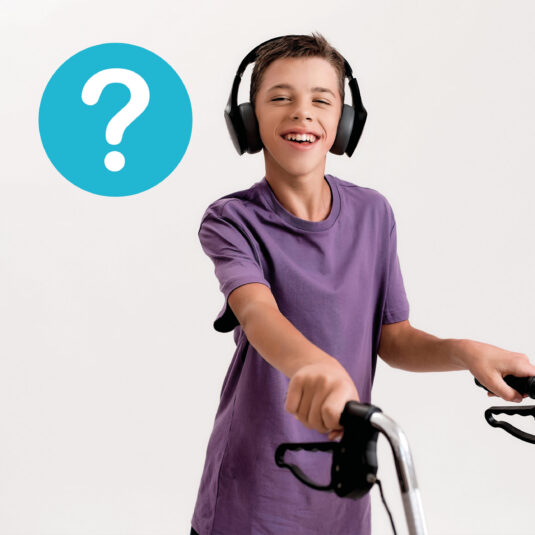 Smiling boy wearing headphones while standing with a bicycle, alongside a question mark symbol suggesting uncertainty or awareness.