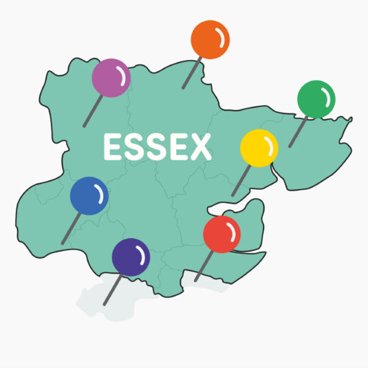 Illustrated map of Essex marked with coloured location pins, representing different areas or services across the region.
