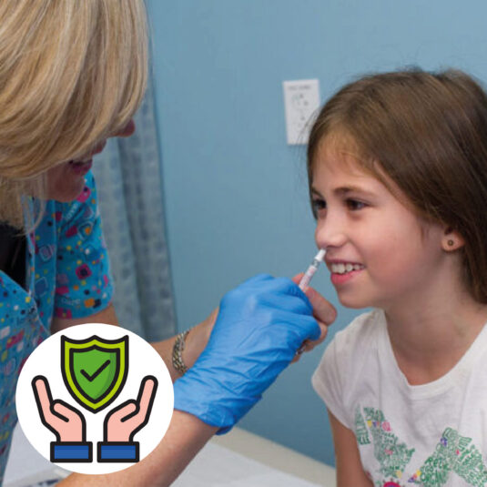 Healthcare worker administering a nasal treatment or vaccine to a young girl, with a protection shield icon representing safety and immunity.