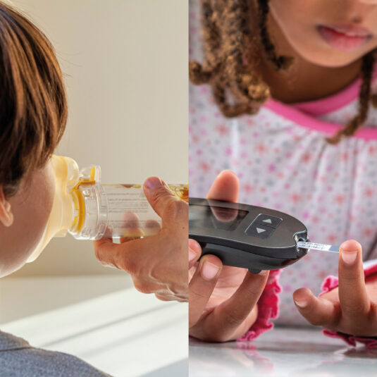 Split image showing a child using a breathing device on one side and a blood glucose test on the other, representing management of chronic health conditions such as asthma and diabetes.