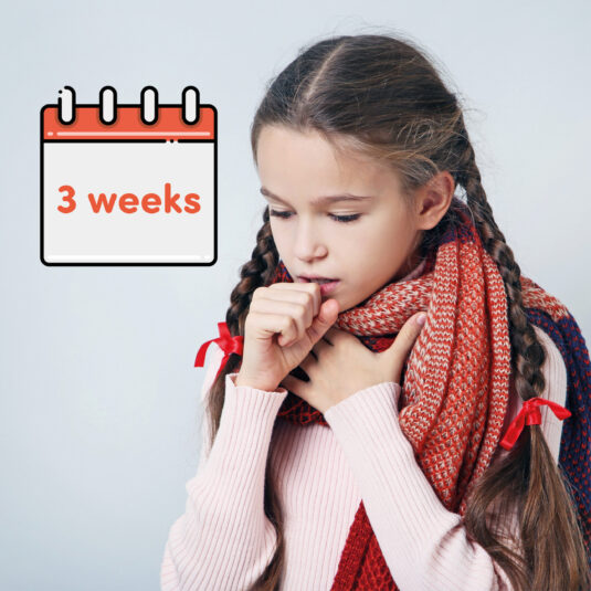 Young girl coughing while wrapped in a scarf, with a “3 weeks” calendar icon indicating a persistent cough lasting several weeks.