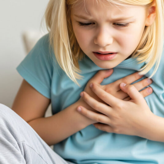 Young girl clutching her chest with a worried expression, suggesting chest pain or difficulty breathing.