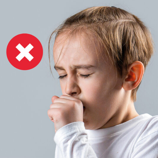 Child coughing with a red “X” symbol, suggesting a warning sign or symptom that should not be ignored.