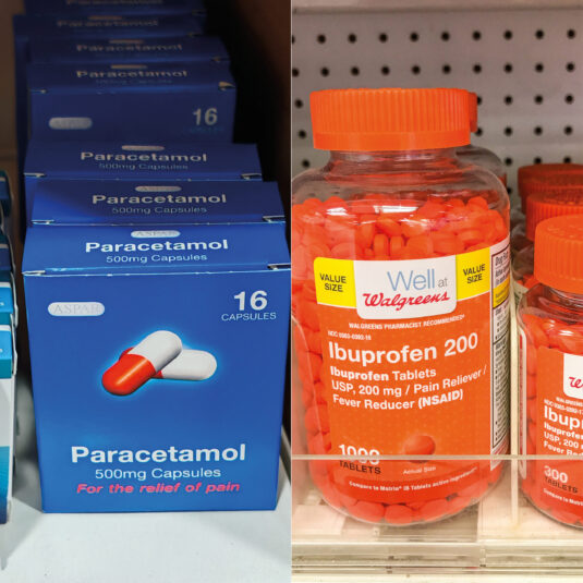 Paracetamol and ibuprofen medicines displayed side by side, representing pain relief and fever-reducing treatments commonly used for children.