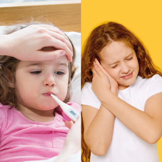 Child with a thermometer and another child holding their ear in pain, illustrating fever and earache symptoms occurring together.