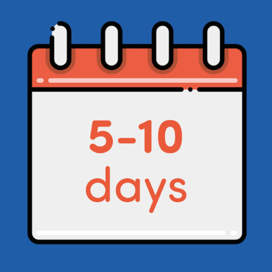 Calendar icon displaying “5 to 10 days,” indicating the typical recovery period for symptoms or fluid in the ear.