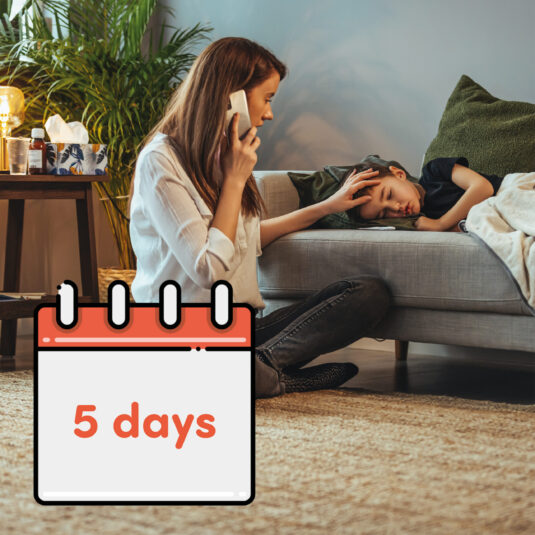 Mother checking on a sick child while speaking on the phone, with a “5 days” calendar icon suggesting symptoms lasting several days or advice to seek help if illness continues.