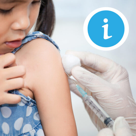 Child receiving a vaccination injection, with an information icon indicating guidance or advice about immunisations.