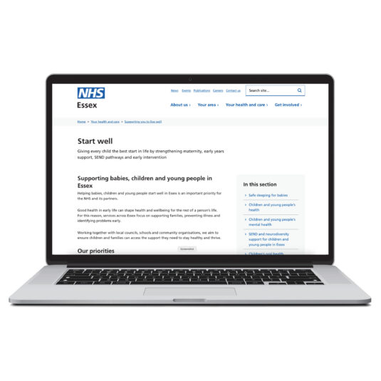 Laptop displaying the NHS Essex “Start well” webpage about support for babies, children, and young people.